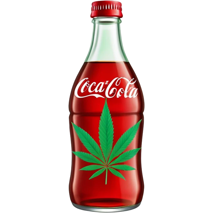 Curved red glass bottle similar to Coca-Cola style with a green cannabis leaf printed on it and a label emoji