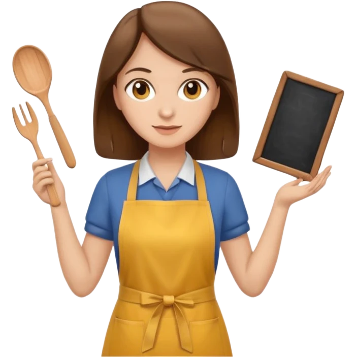 teacher with medium brown hair and brown eyes, wearing a mustard-colored apron emoji