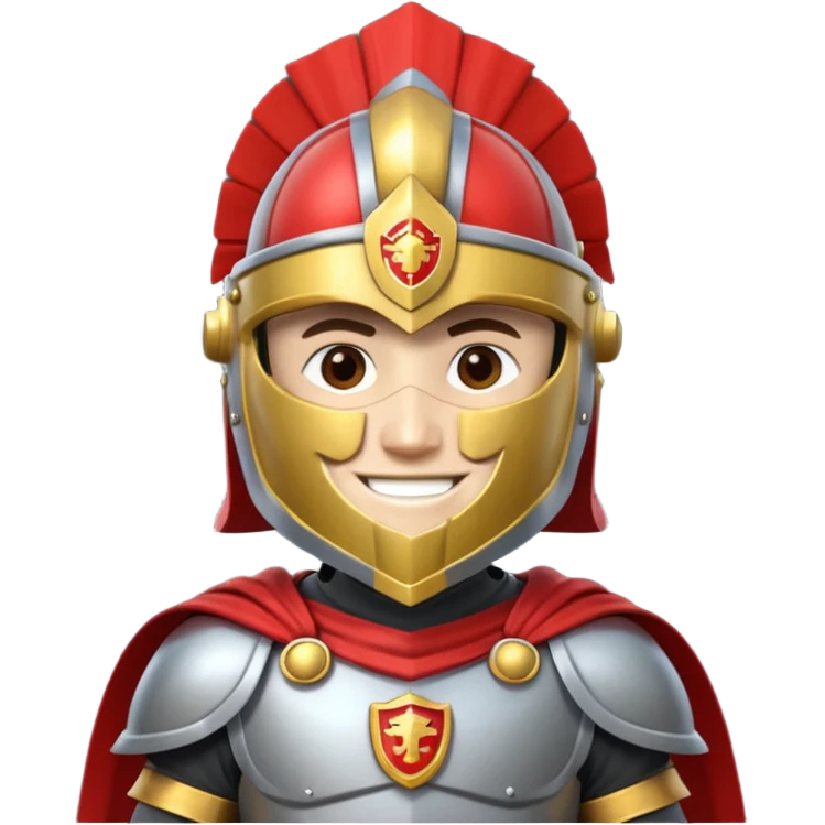 A friendly Trojan warrior mascot with a large cartoon-style head, wearing a silver helmet with a red crest and black cheek guards.  confident smile. The character wears dark armor with metallic details and a bright yellow cape.  emoji