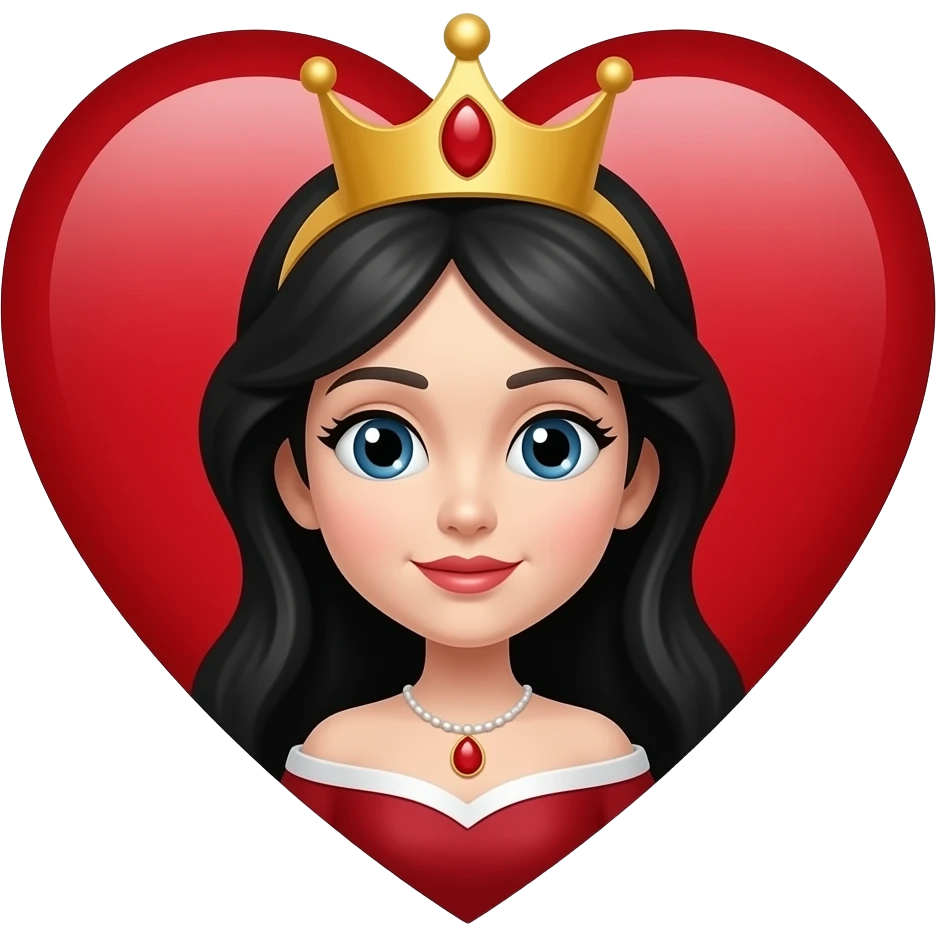Coração que remeta a rainha de copas com cabelo preto e símbolo do baralho emoji