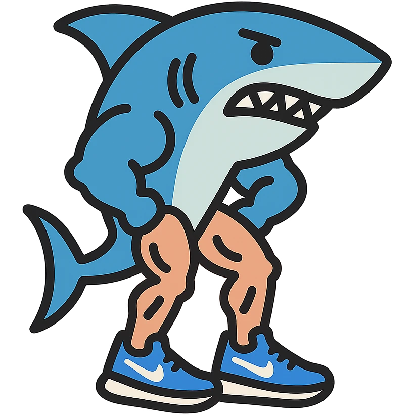 cartoon shark with muscular legs wearing blue Nike shoes colorful outlined icon style vibrant colors emoji