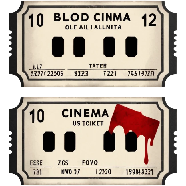 Minimalist emoji-style sticker of an old torn cinema ticket, blood-stained edges and burn holes, grayscale paper

 emoji