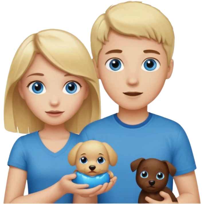 Blonde girl blue eyes and brunette boy blue eyesholding a pet poo emoji