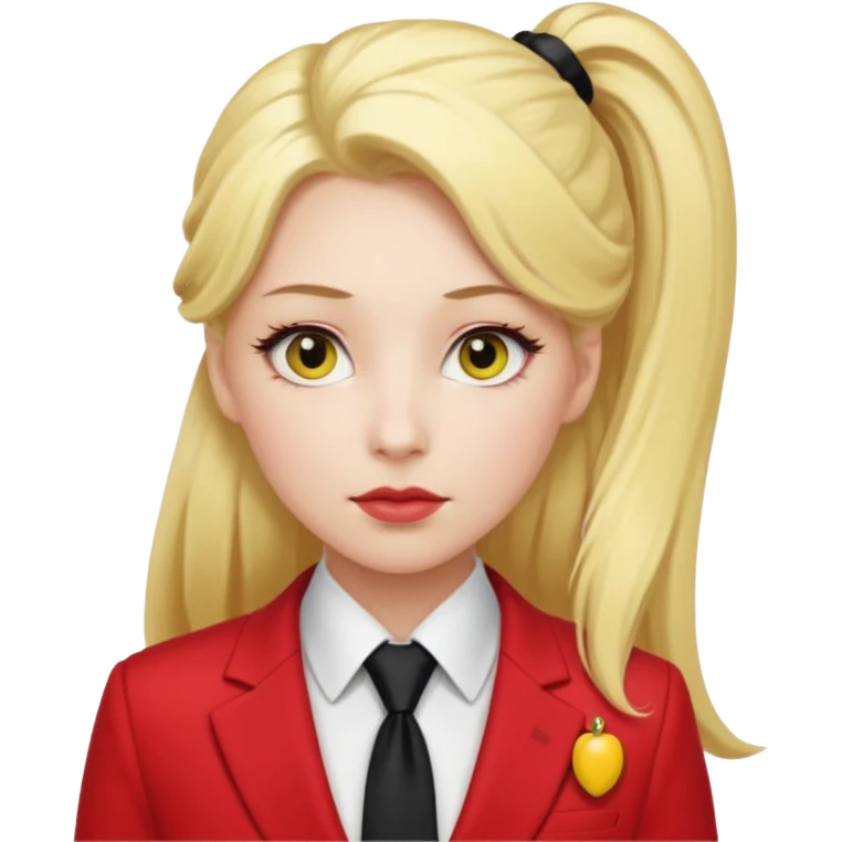 Woman with porcelain white skin, thick blonde hair that's in a thick, long ponytail, has a black tipped nose, yellow scleras, red pupils, and a red suit with a black tie. emoji