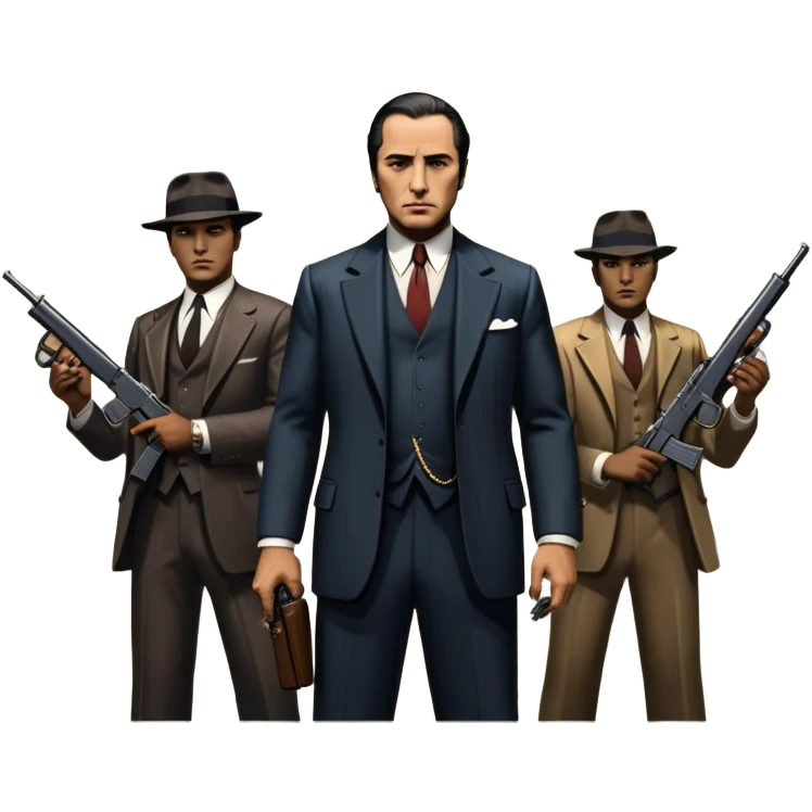 Vintage noir poster with Don Corleone surrounded by gangsters holding Thompson submachine guns. Background features New York skyscrapers, adding to the gritty, classic gangster film feel.  Dark and moody atmosphere with shadows, suits, and a mysterious vibe. Transparent background. emoji