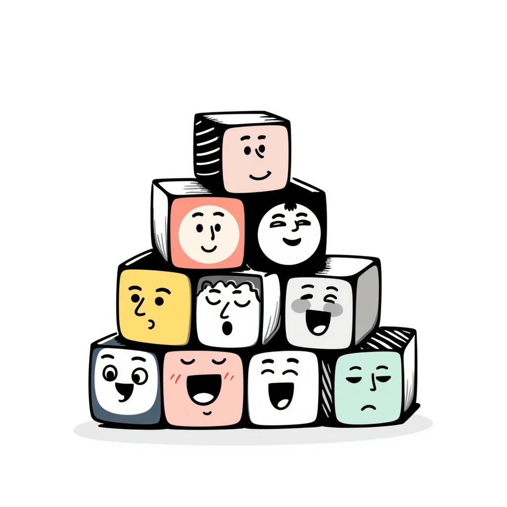 Several colorful toy blocks with different expressions stacked together emoji