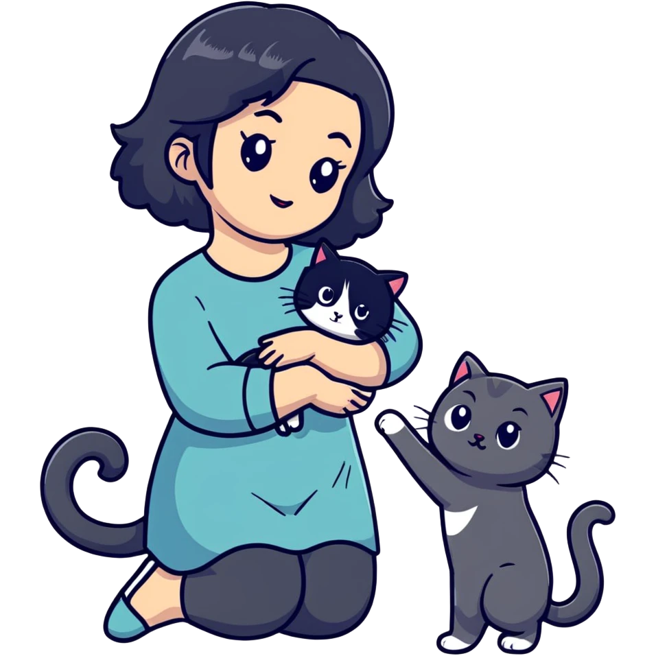 mulher de cabelo preto com gato frajola cinza emoji
