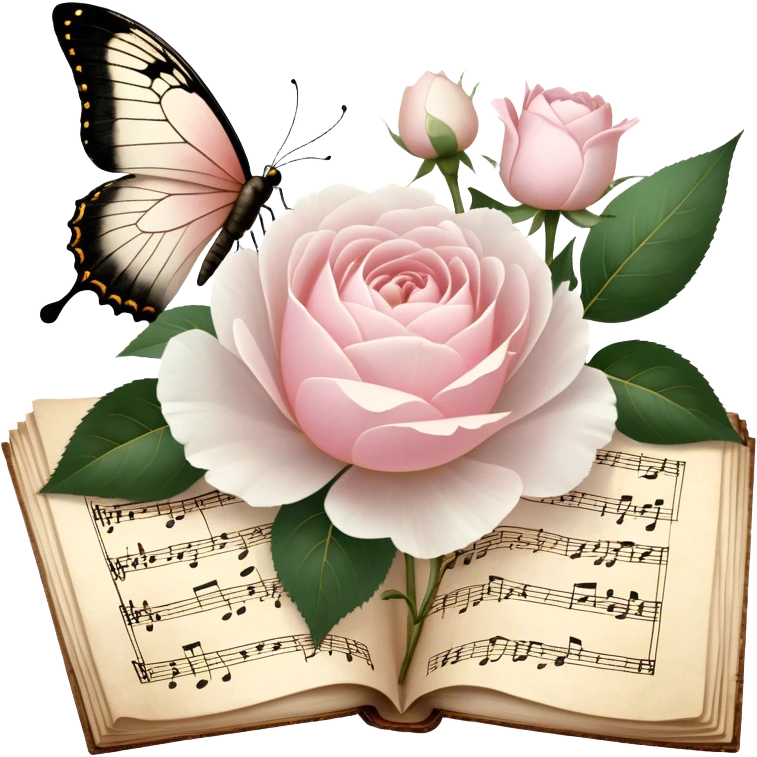 A charming antique music sheet, adorned with golden ink flourishes and pressed blush pink rose petals, resting beside a bouquet of fresh white peonies, while a pearl butterfly’s wings gently touch the delicate paper.
 emoji