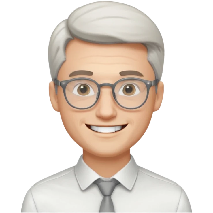 30 yr old pale white man, white/grey side swept stylish hair, round glasses, big smile, white teeth, handsome, longer hair, thin glasses, white dress shirt emoji