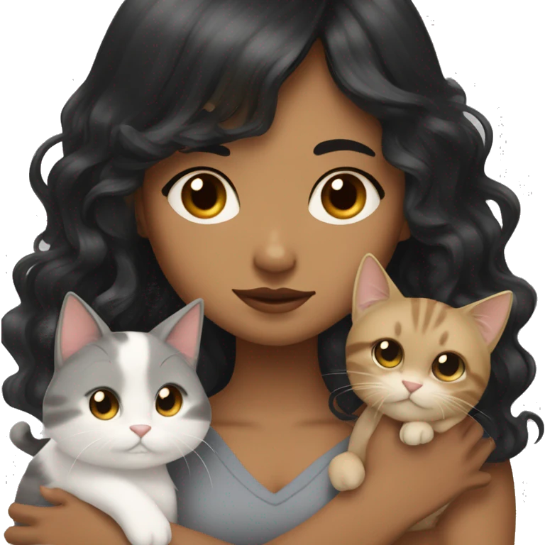 TAN SKIN GIRL with long black wavy hair and bangs HUGGING HER LIGHT BROWN, GRAY, and WHITE CAT  emoji