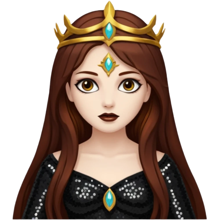 Libera, Goddess of Death from Gods and Goddesses with long dark auburn hair, black sequin outfit emoji