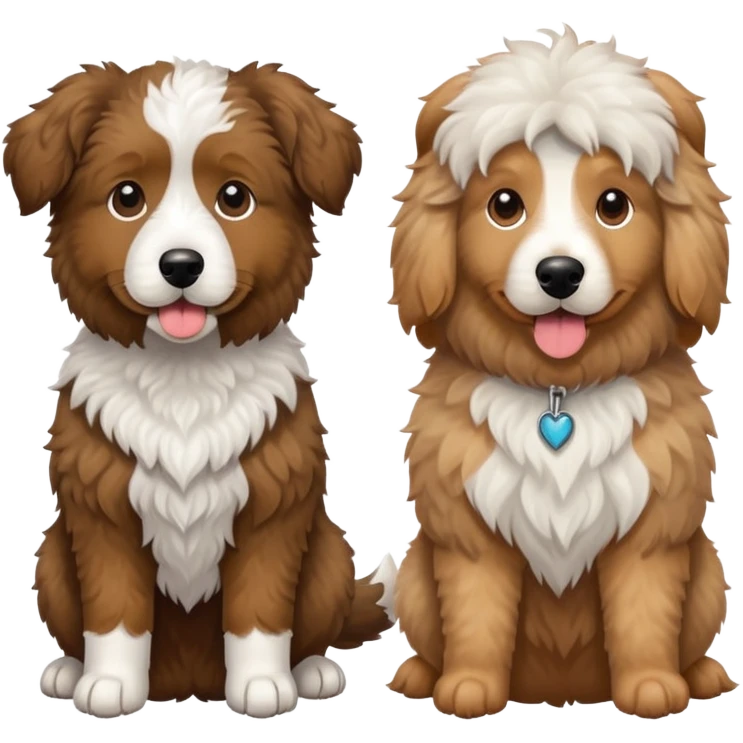 2 dogs, one is a light brown Aussie doodle. the other is a All black Berenedoodle with white eyebrows . Make both same size emoji