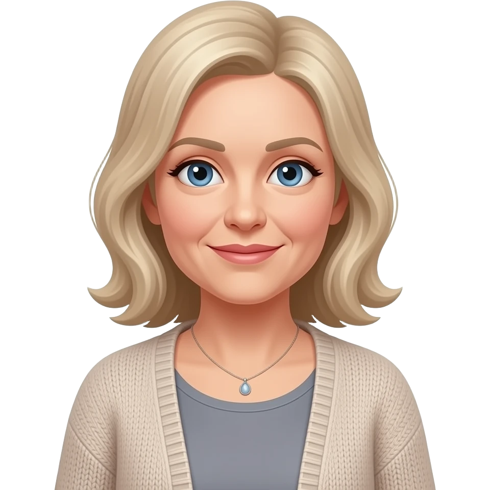 Blue eyes, fair skin, longer blonde hair, medium height, medium frame, middle aged women, cardigan, grey top,small necklace emoji