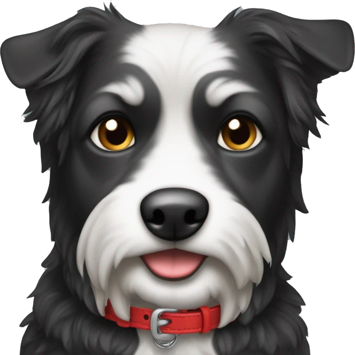 Schwarzer lockiger kleiner Hund mit rotem Halsband und weißen Augenbrauen und Füßen emoji
