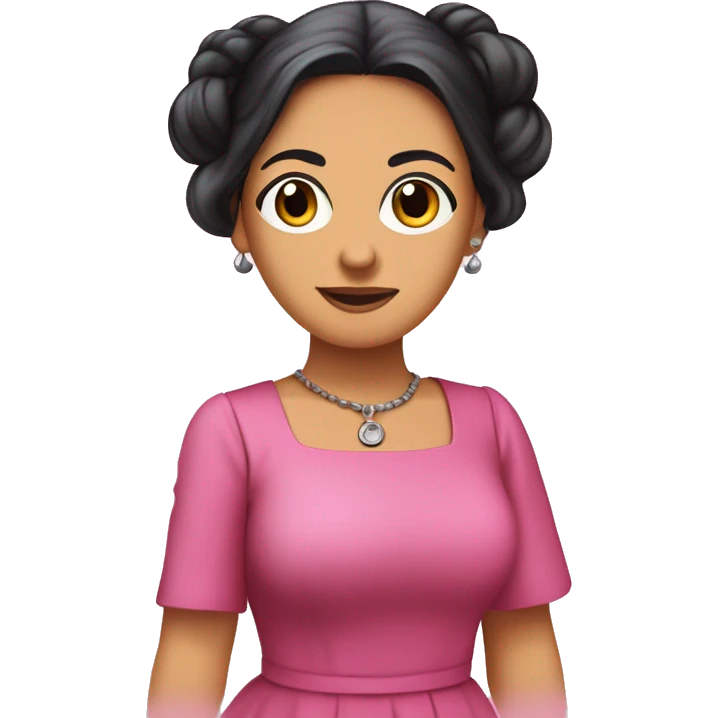 Mariana Bracetti Cuevas was a patriot and leader of the Puerto Rico independence movement. Pink dress. 2 pigtails. Dark hair older woman. emoji