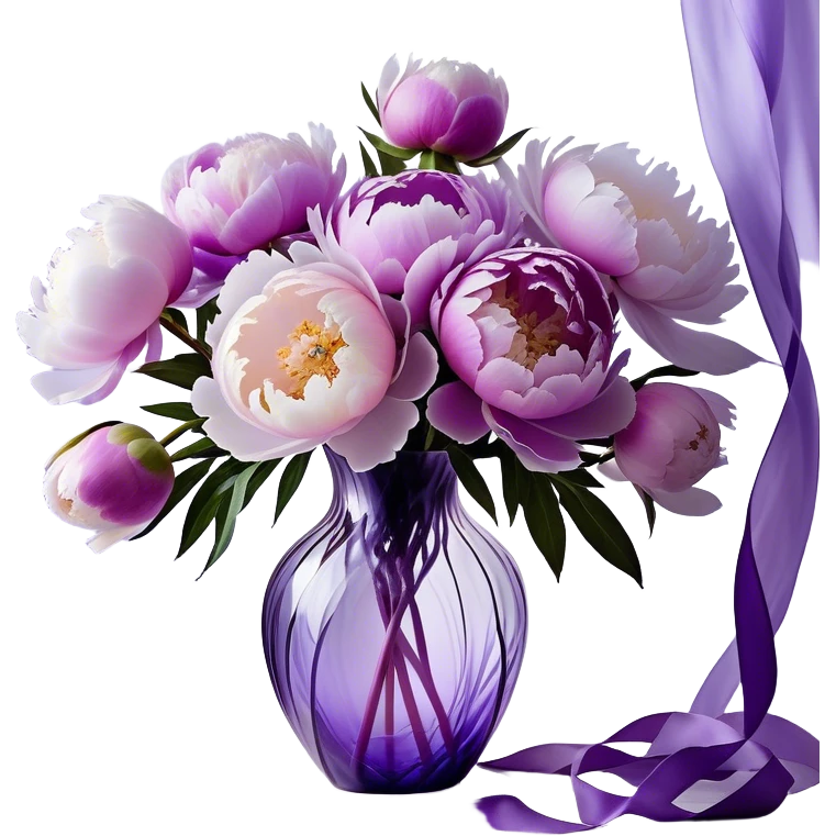 "A dreamy, abstract bouquet of peonies in soft pastel purples, with fluid, swirling petals that melt into each other like brushstrokes. The flowers emerge from a translucent, faceted glass vase in shades of violet, with exaggerated reflections and refractions. A flowing ribbon in light lavender twists and loops around the vase, extending beyond the frame in a weightless, almost liquid motion."
 emoji
