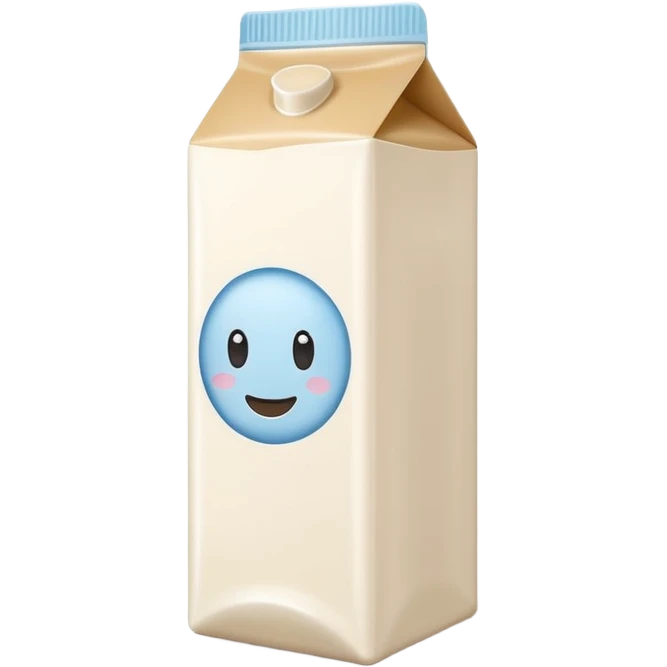 realistic soy milk carton or bottle, white or beige, minimal modern design, neutral cap or spout, small soy bean or leaf illustration, no branding or text, smooth creamy liquid, no glass, cereal, background, or faces, clean 3D, soft lighting, transparent background, emoji scale emoji