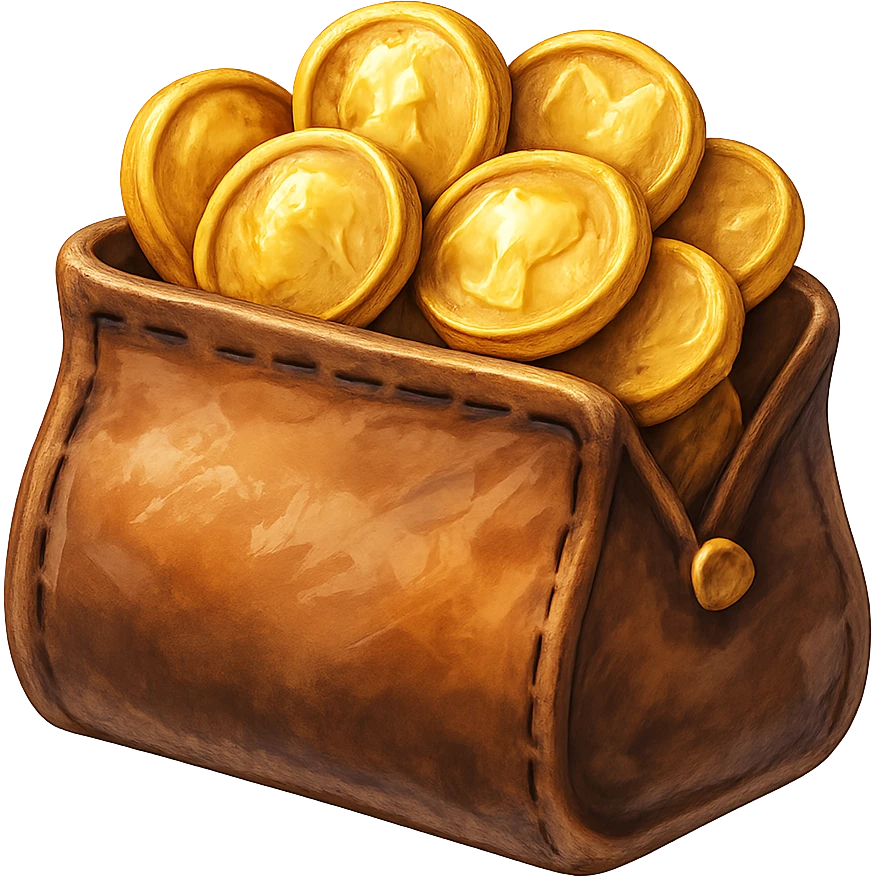 В cлегка рисованной, но при этом объемной и яркой стилистике сгенерируй картинку кожаного кошелька, из которого торчат фотореалистичные золотые монеты. Они должны выглядеть не как пластмассовые, а как настоящее золото. Прозрачный фон emoji