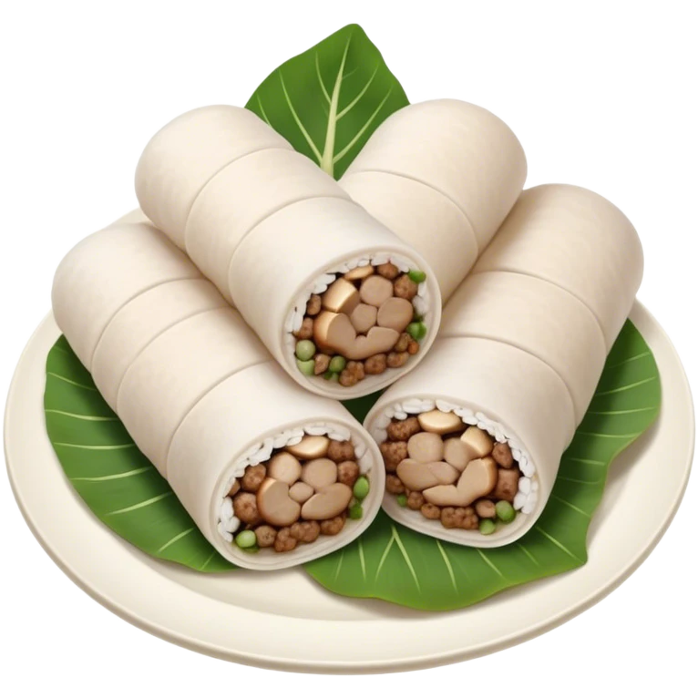 Cinematic Realistic B√°nh cu·ªën Dish Emoji, featuring steamed rice rolls filled with savory minced pork and mushrooms rendered with soft textures and inviting, warm lighting. emoji