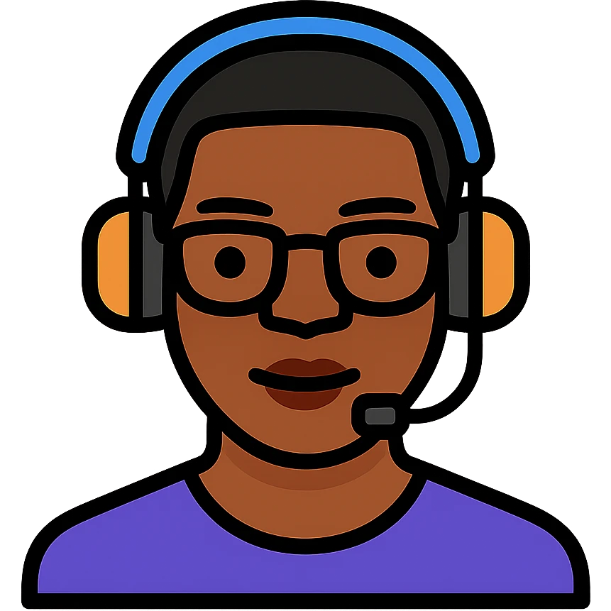Add a headset to the young African man with eye glasses, keep the original style and transparent background. emoji