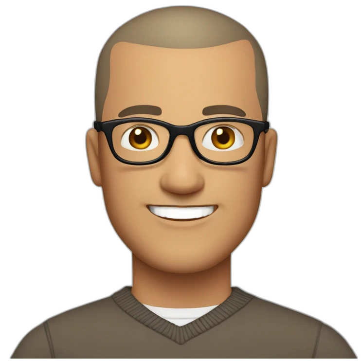 Middle age man with buzz cut hair, thick frame glasses, with broad smile, wearing a v-neck sweater emoji