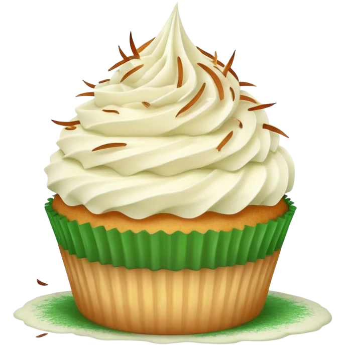 Vanilla cupcake with vanilla frosting with toasted coconut on top and green dust emoji