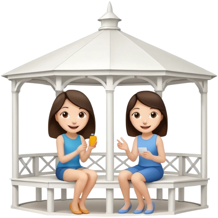 Two small brunette women sitting inside a large white gazebo emoji