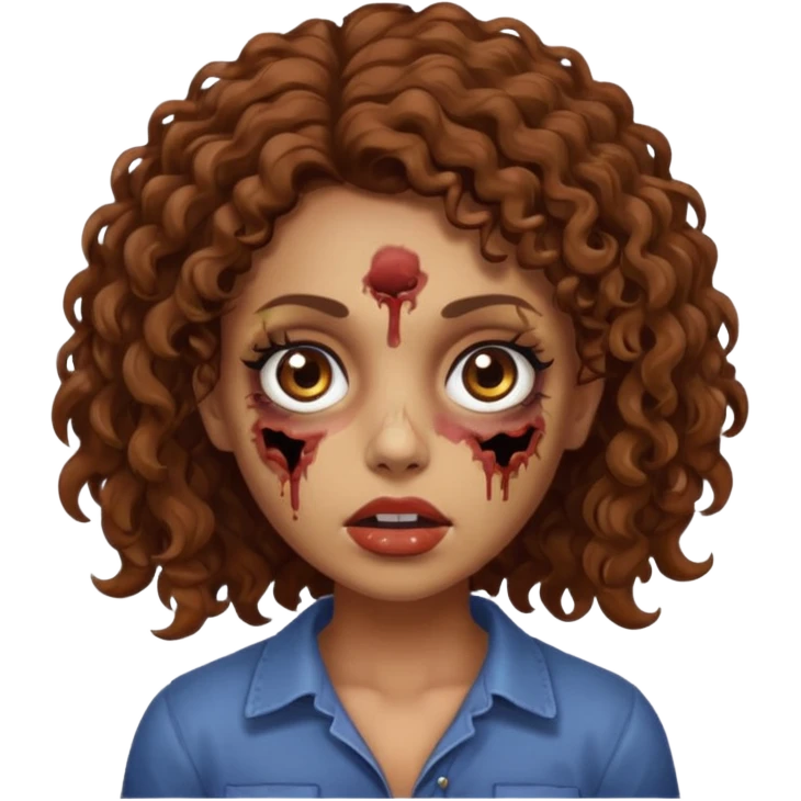 Una chica zombie con cabello rizado café y ojos cafés con un lunar debajo de el ojo izquierdo  emoji