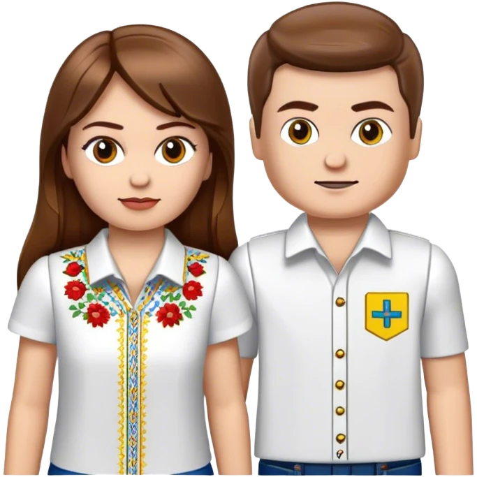 a Ukrainian girl with brown hair in an embroidered shirt and an atomhirt and a Ukrainian boy in an embroidered shirt and Lego bricks emoji