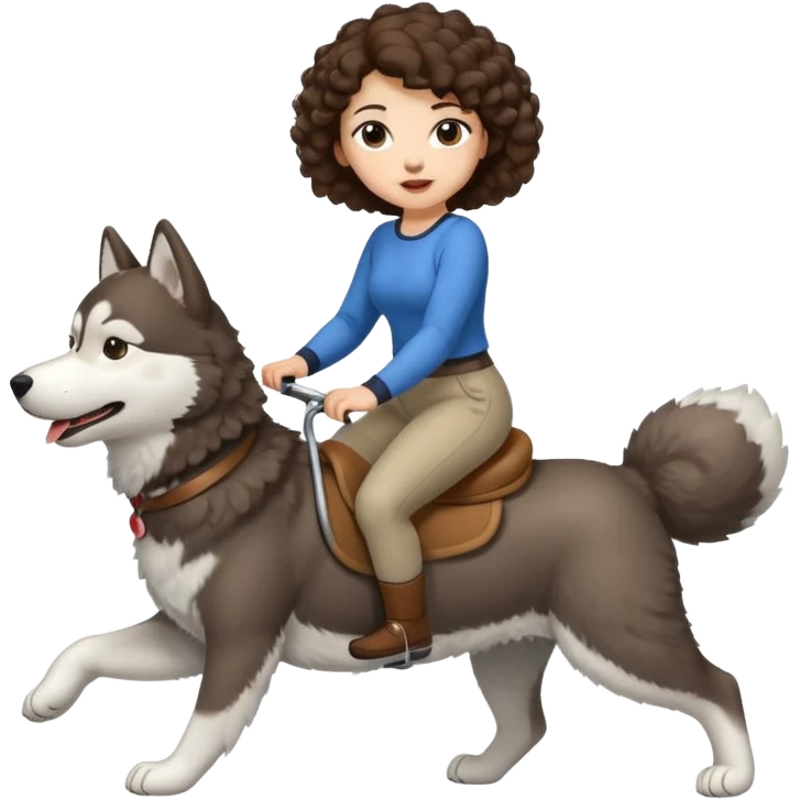 cute woman short tight curly brown hair riding big husky dog emoji