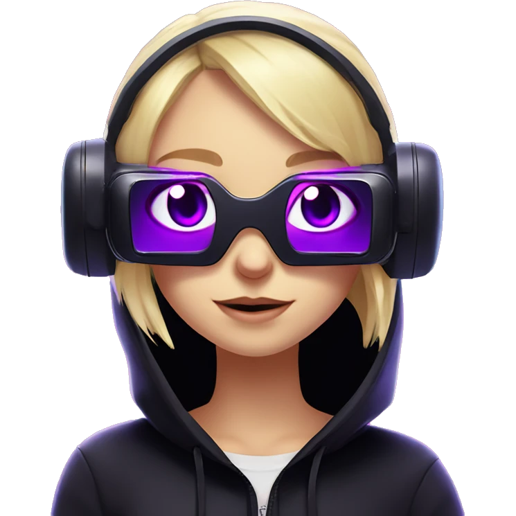 Russian cute blond girl wearing black hoody with violet letters "OMG", in vr headset. Cyberpunk style. Violet neon. emoji
