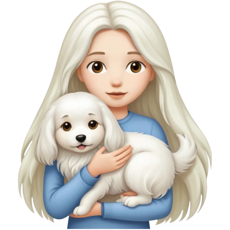 A long-haired girl is holding a big white long-haired dog emoji