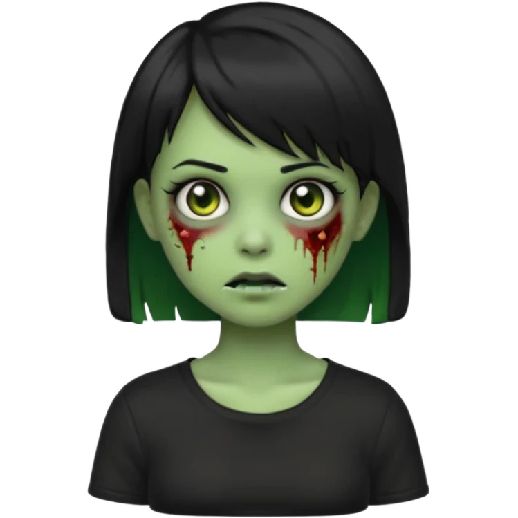 Emoji zombie girl verde com cabelo preto liso  curto com franja pro lado com uma blusa preta emoji