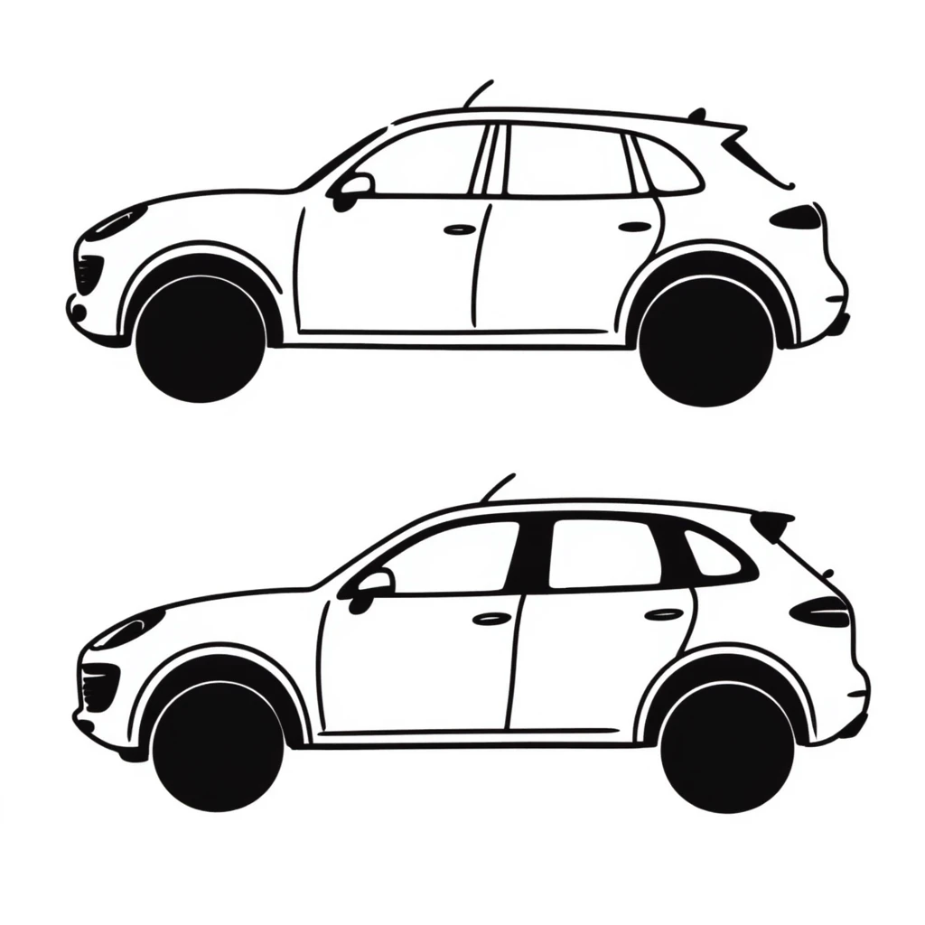 blueprint style illustration of a Porsche Cayenne, side and top view emoji