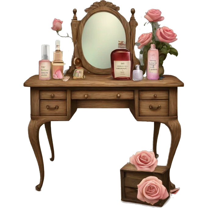 Old wood vanity with dead roses vintage makeup and perfume  emoji