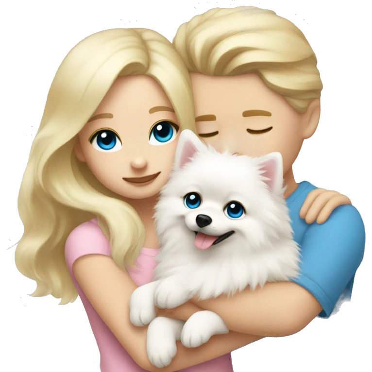 Blond girl white skin blue eyes hugging white Pomeranian with light pink bow emoji