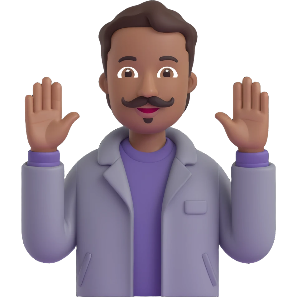 Black man with a mustache waving, wearing a grey jacket, 3D emoji style emoji