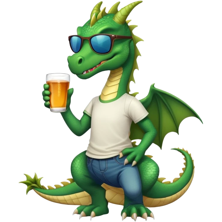 friendly anthropomorphised green dragon in a sports t-shirt and jeans wearing dark sunglasses emoji