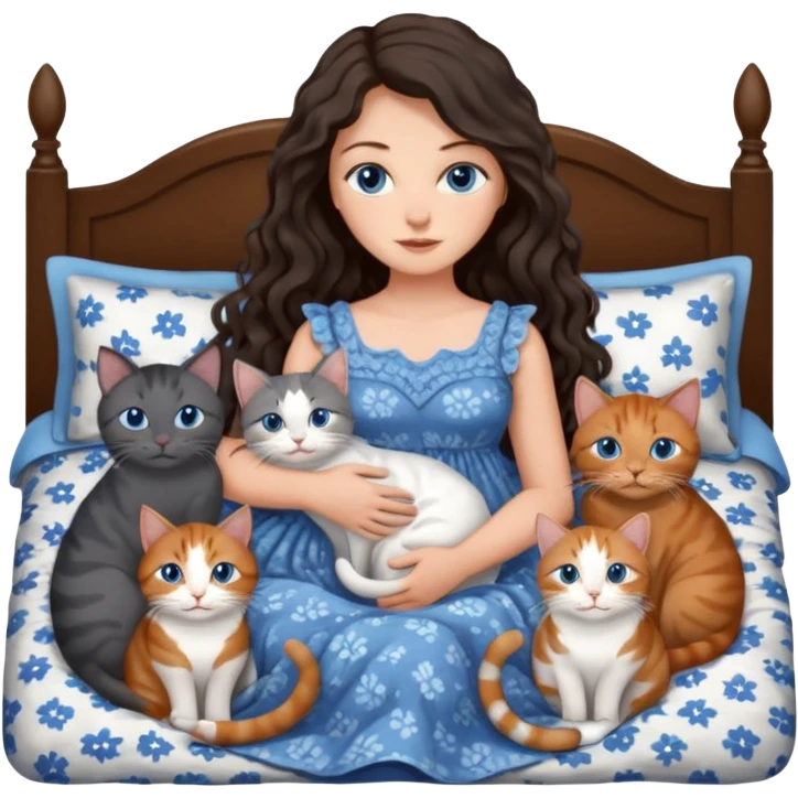 detailed realistic looking a dark grey and white cat regally laying with six other cats, cuddling with their owner in bed who is a pretty bratz lightly tanned white girl with long dark brown hair, blue eyes and gorgeous long wavy hair wearing a pretty detailed dress emoji
