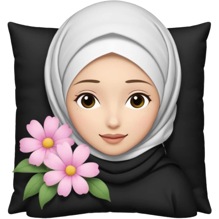 The image is a close-up selfie of a young woman wearing a white hijab. She is lying on her back with her head resting on a black pillow. She has a pink flower in her hair and is looking directly at the camera with a slight smile on her face emoji