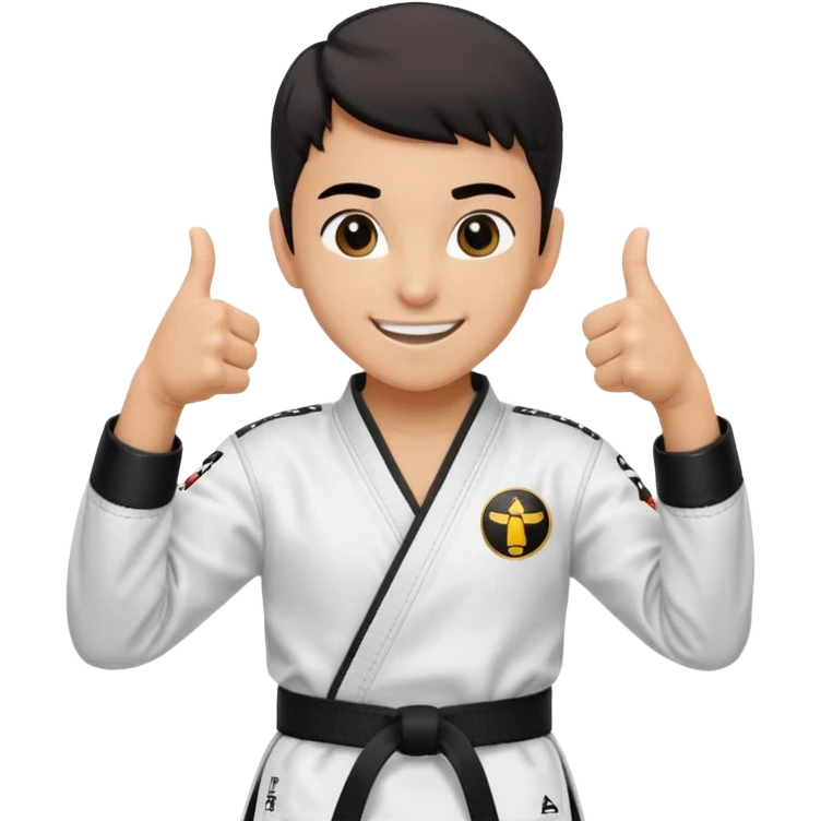Perfecto pero el uniforme debe ser de taekwondo de ATA cinturón negro con un logo de mambo negra y realizando este gesto sonriendo 👍🏼 emoji