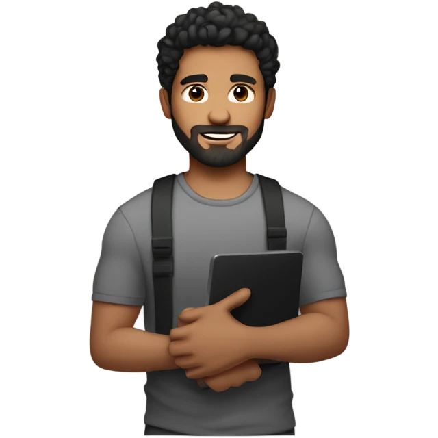 men holding his computer in hands. light brown skin men with curly black hair, dark brown eyes, little grown beard. little bit muscular. dressed casual. round face. emoji