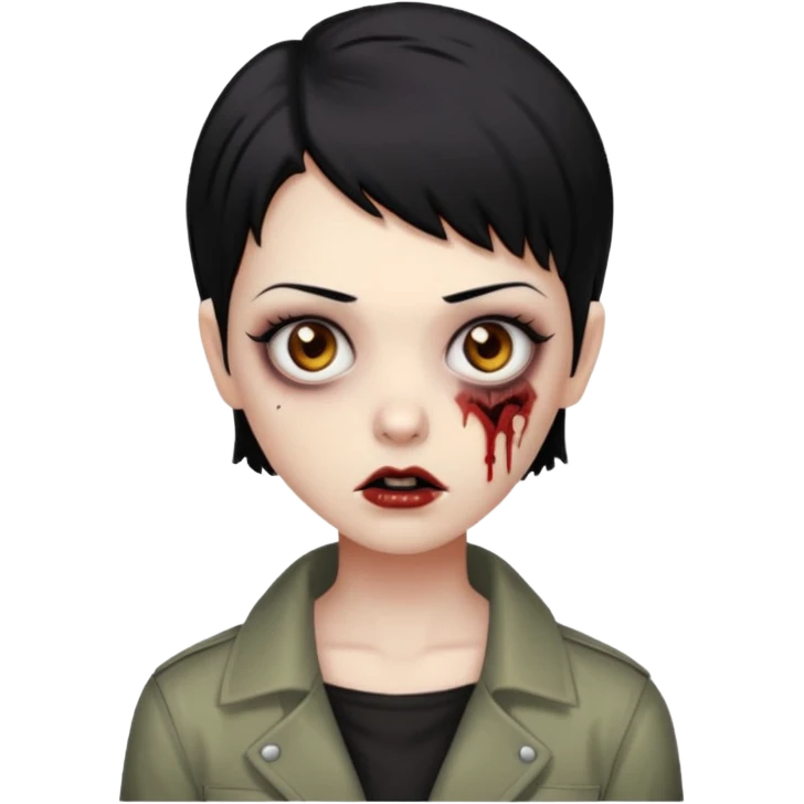 Faça uma zombie com olhos castanhos, cabelos pretos liso e curto e com estilo baddie emoji