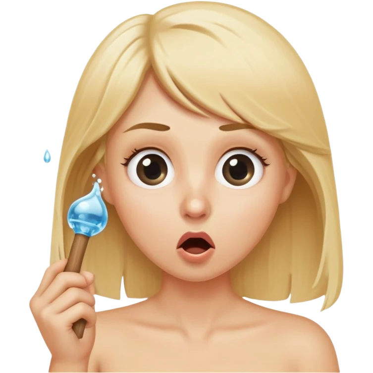 blond woman with wide eyes, holding a wide skin-colored stick with a D-shaped knob, the knob has skin texture, water squirting from the flat side of the knob into her mouth, shocked face emoji
