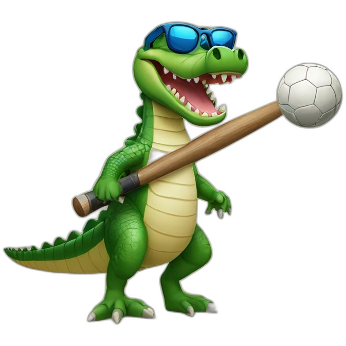 Crocodile with sunglasses leaning on a baseball bat and a soccer ball at his feet emoji