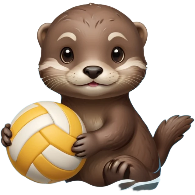 super cute baby otter with gentle expression and soft rounded eyebrows, floating on clearly visible blue water with waves, tiny baby otter with big sweet eyes holding a volleyball with both small paws above water emoji