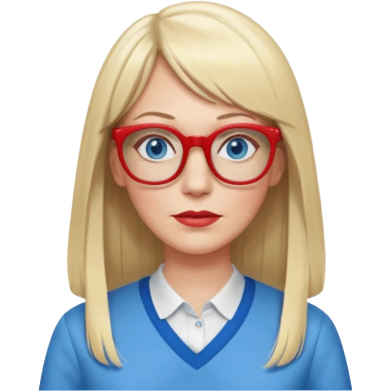 45 yr old white woman, pale skin, long straight blond hair parted in center, blue eyes, bangs, clothes for school, big red glasses emoji