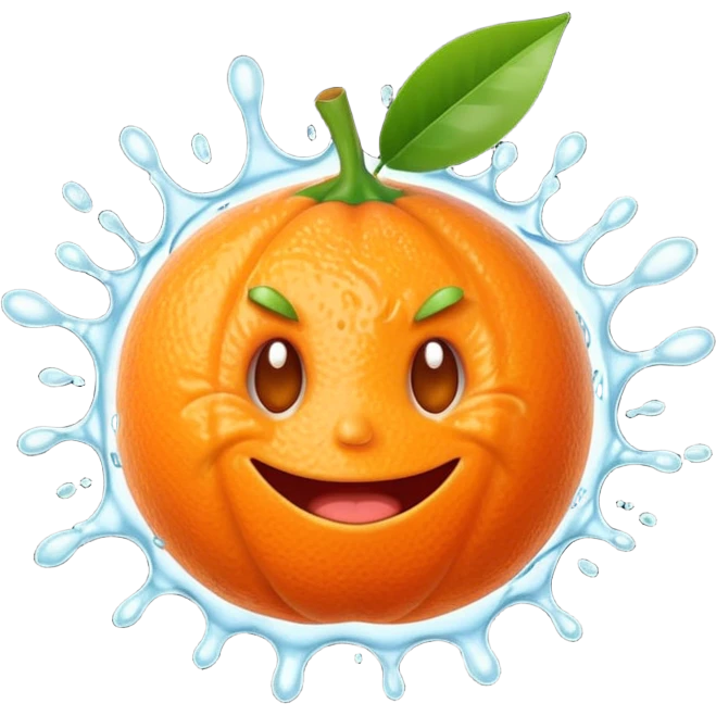 Juicy explosion mandarin emoji, bursting juice splash everywhere, exaggerated happy reaction, bright orange color, simple cartoon style, transparent background. emoji