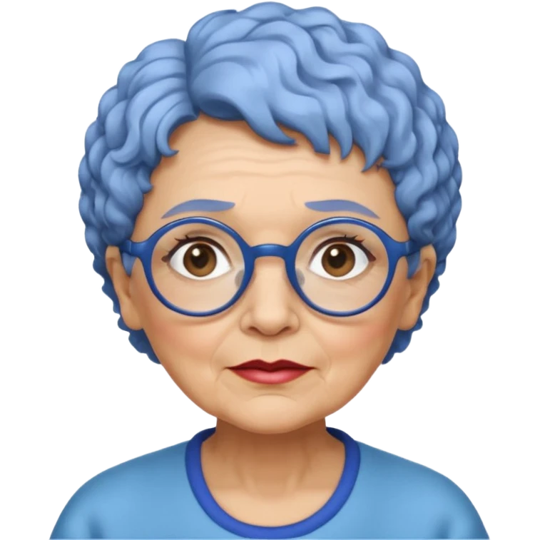 old laydy with short, curly blue hair, matching blue eyebrows, light brown skin, round black glasses, and a neutral facial expression. emoji