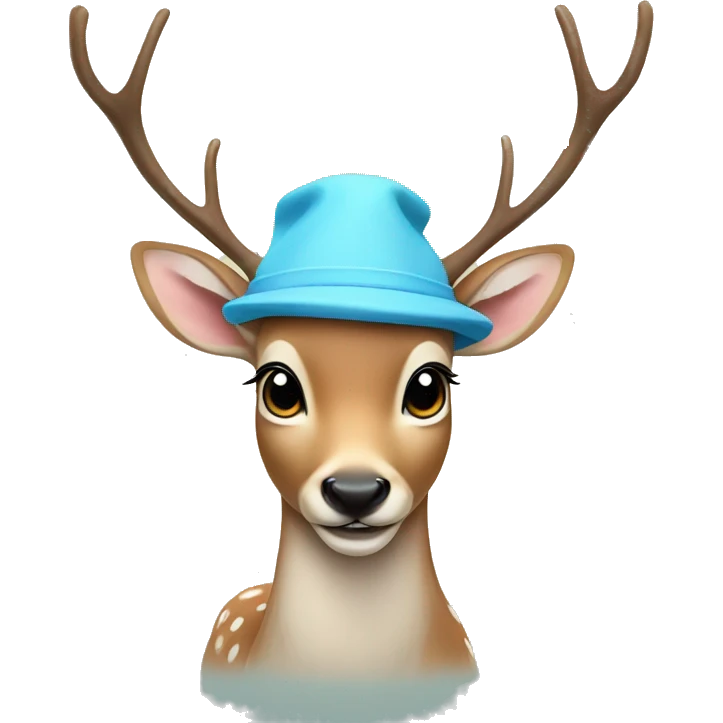 Small humanised deer with light blue hat smiling emoji